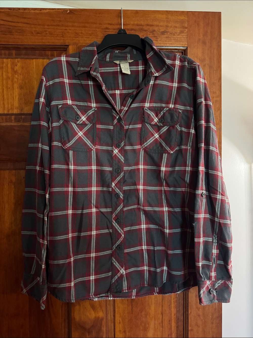 Duluth Trading Co Gray and Red Plaid Button-Down Shirt